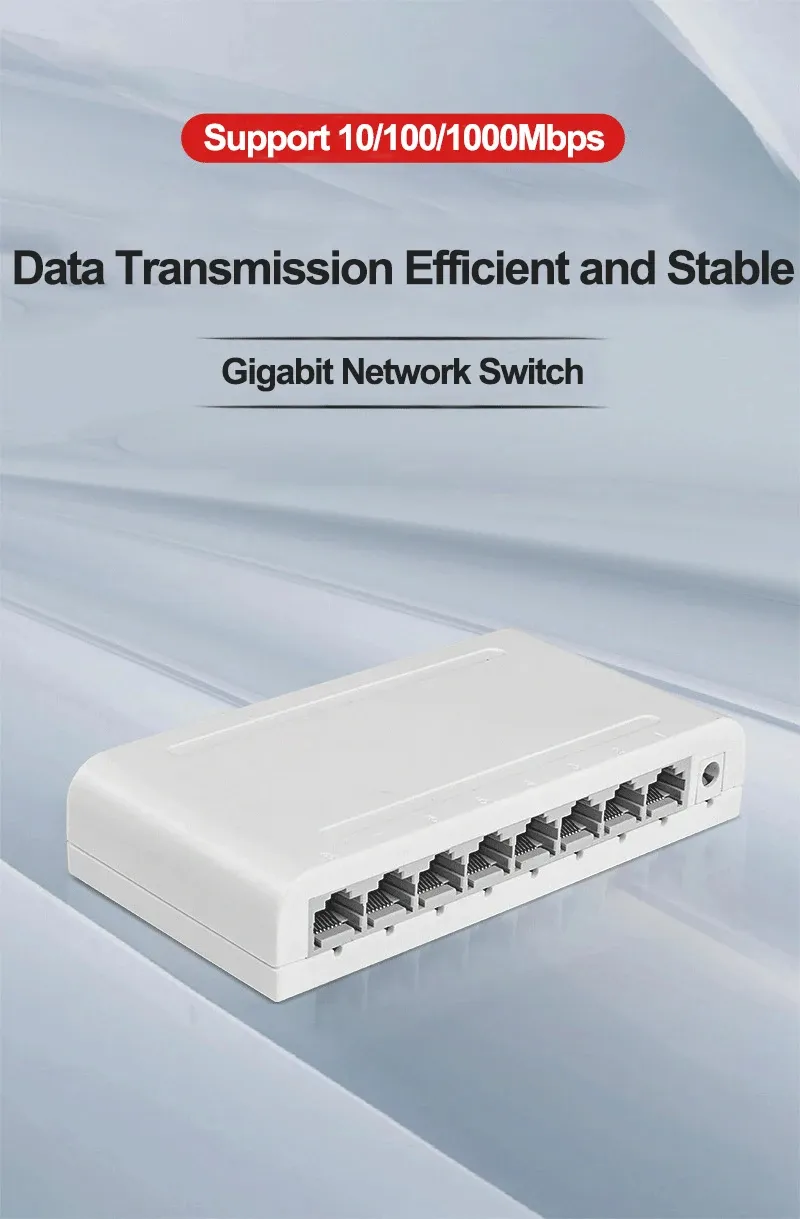 8 Port Gigabit Data Switch Network Hub Desktop Ethernet Splitter Plug and Play Shielded Ports Fanless Quiet Mini Portable for Home Dormitory Use