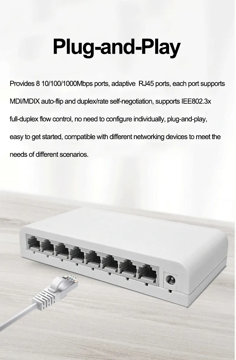 8 Port Gigabit Data Switch Network Hub Desktop Ethernet Splitter Plug and Play Shielded Ports Fanless Quiet Mini Portable for Home Dormitory Use
