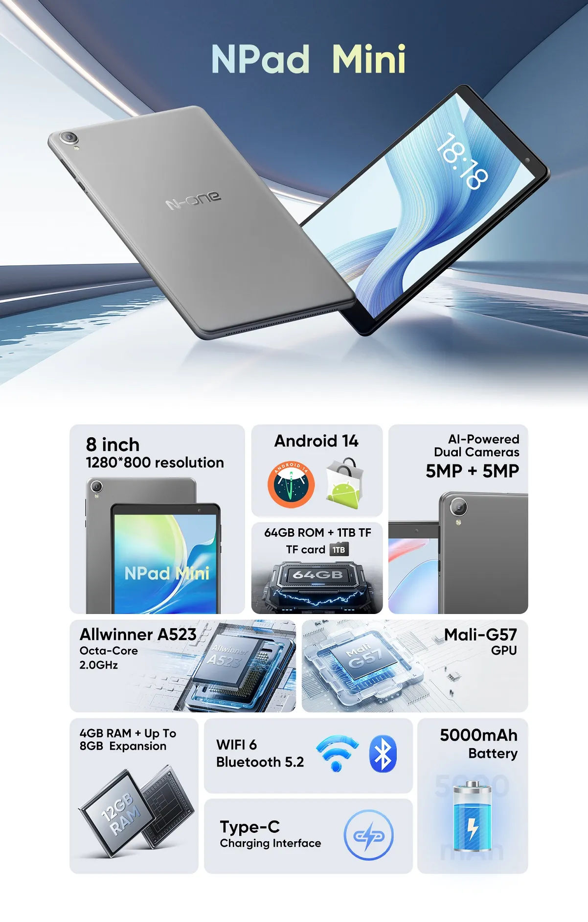 N-ONE NPad Mini Allwinner A523 Octa Core 4GB+8GB RAM 64GB ROM 8 Inch Android 14 Tablet N-ONE NPad Mini Allwinner A523 Octa Core 4GB+8GB RAM 64GB ROM 8 Inch Android 14 Tablet