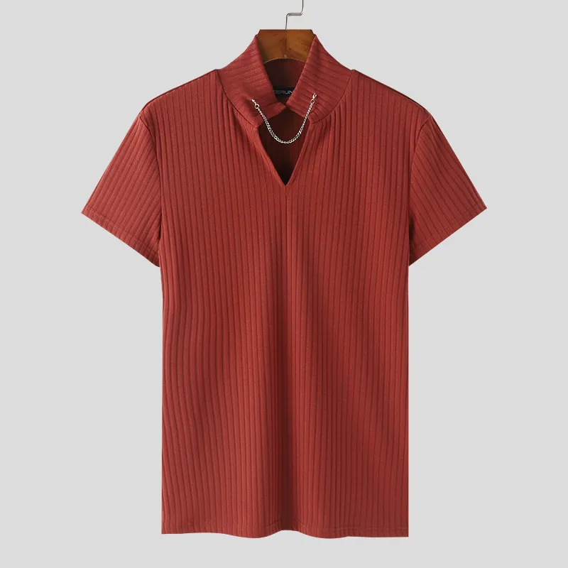 INCERUN Men's Solid Color Knitted Half Turtleneck Chain Deco Short Sleeve T-Shirt