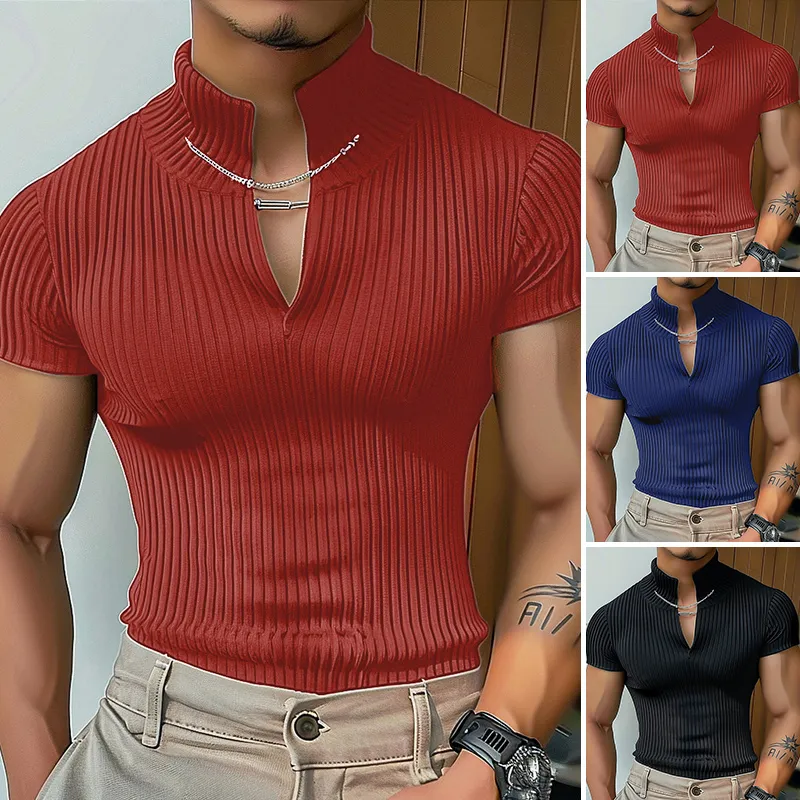 INCERUN Men's Solid Color Knitted Half Turtleneck Chain Deco Short Sleeve T-Shirt