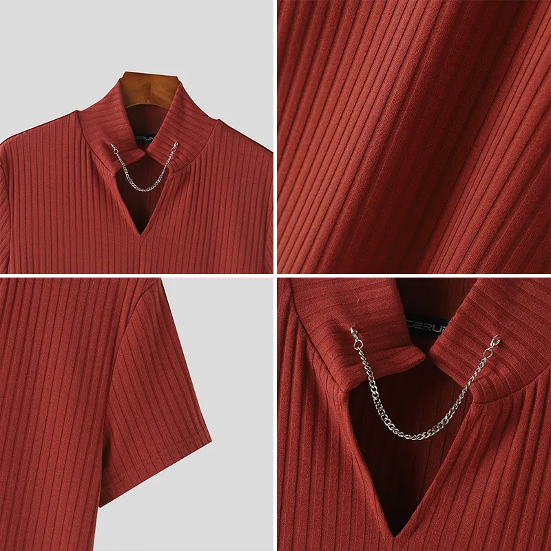 INCERUN Men's Solid Color Knitted Half Turtleneck Chain Deco Short Sleeve T-Shirt