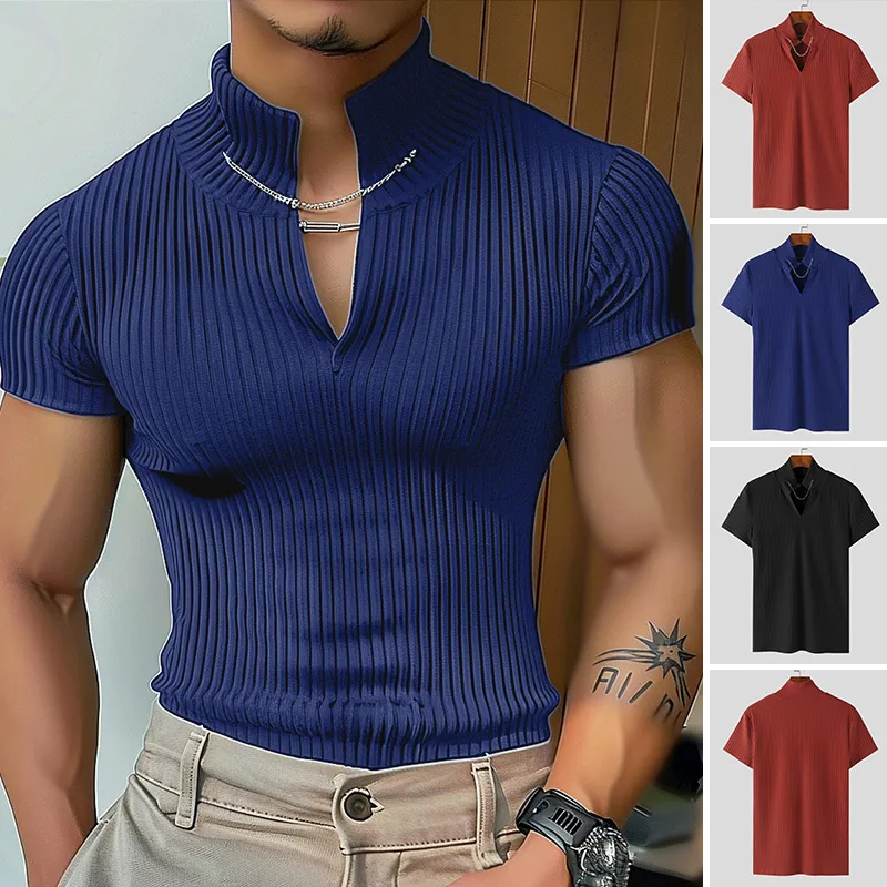INCERUN Men's Solid Color Knitted Half Turtleneck Chain Deco Short Sleeve T-Shirt