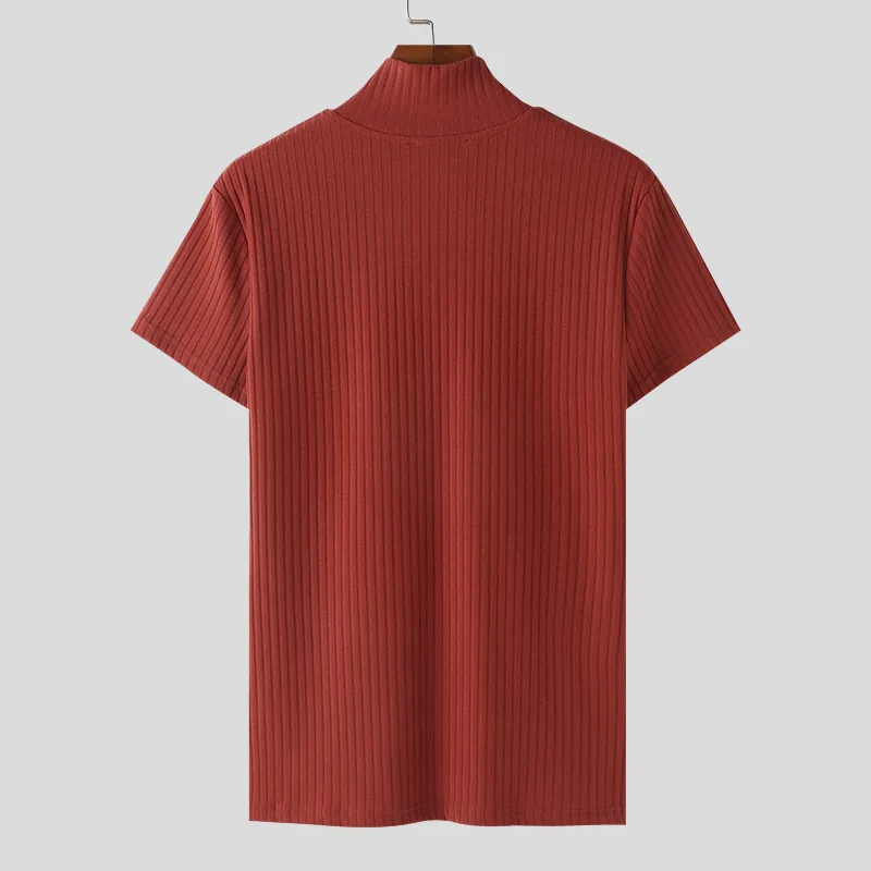 INCERUN Men's Solid Color Knitted Half Turtleneck Chain Deco Short Sleeve T-Shirt