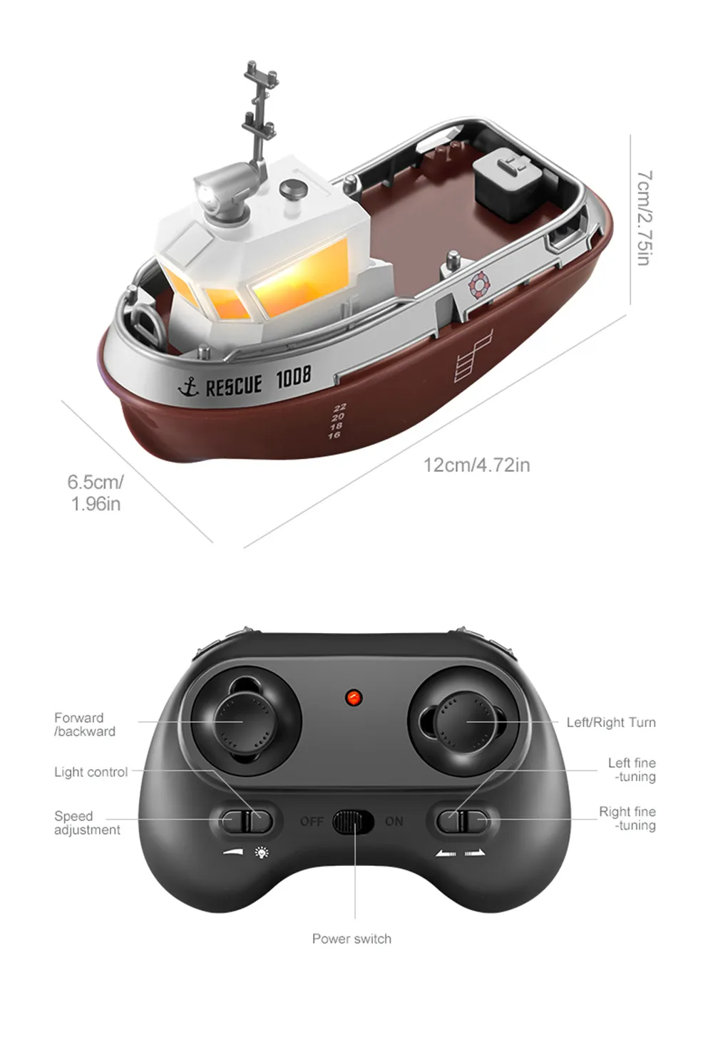 S820 1/32 2.4G Mini RC Boat LED Light Dual Motor Waterproof Remote Control Rescue 1008 Wireless Electric Vehicles Models Toys Kids Children Gift