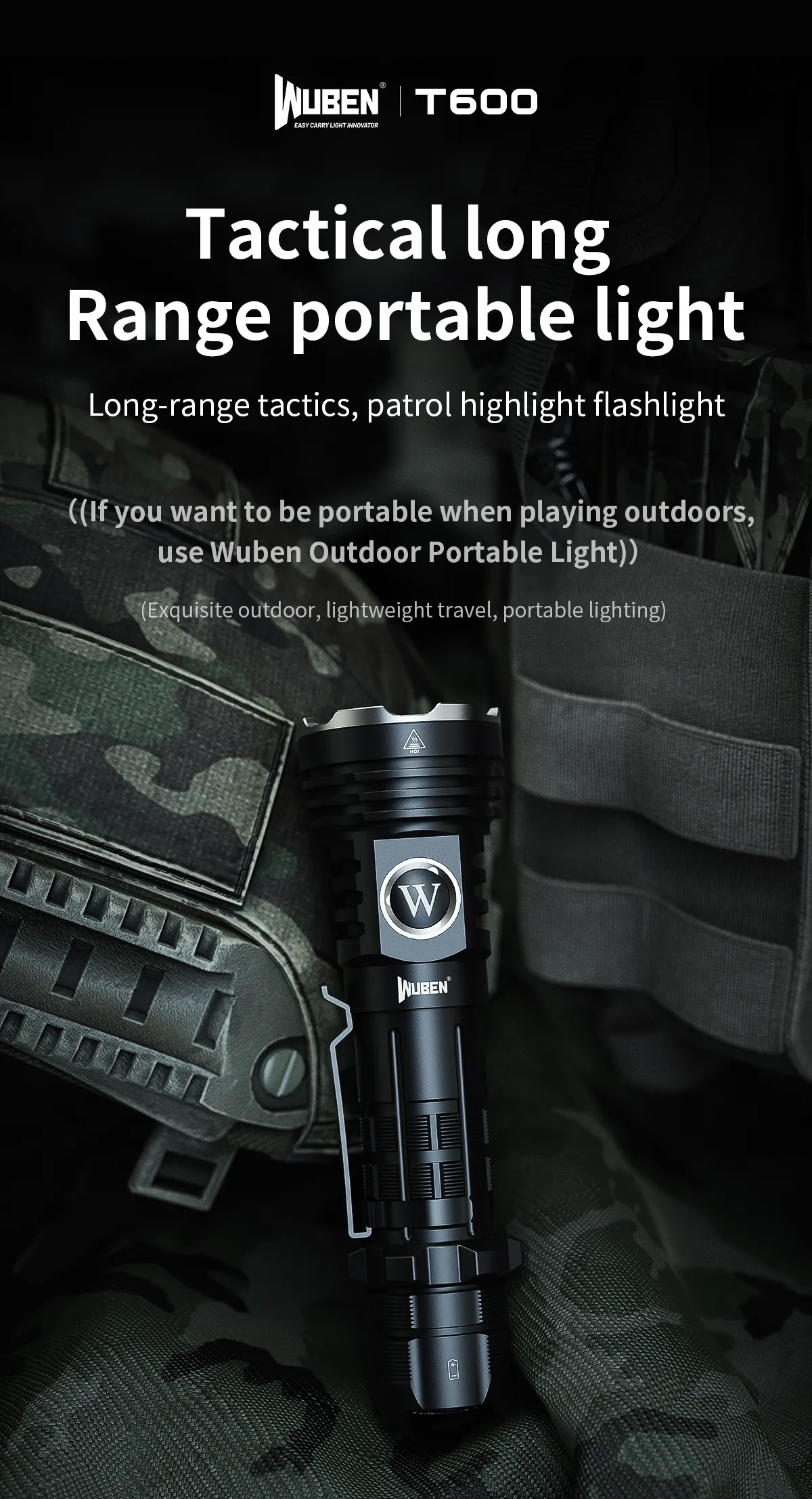 WUBEN T600 1400 Lumen 600m Long Range Tactical Flashight, USB Rechargeable Dual Button for Camping Searching Light