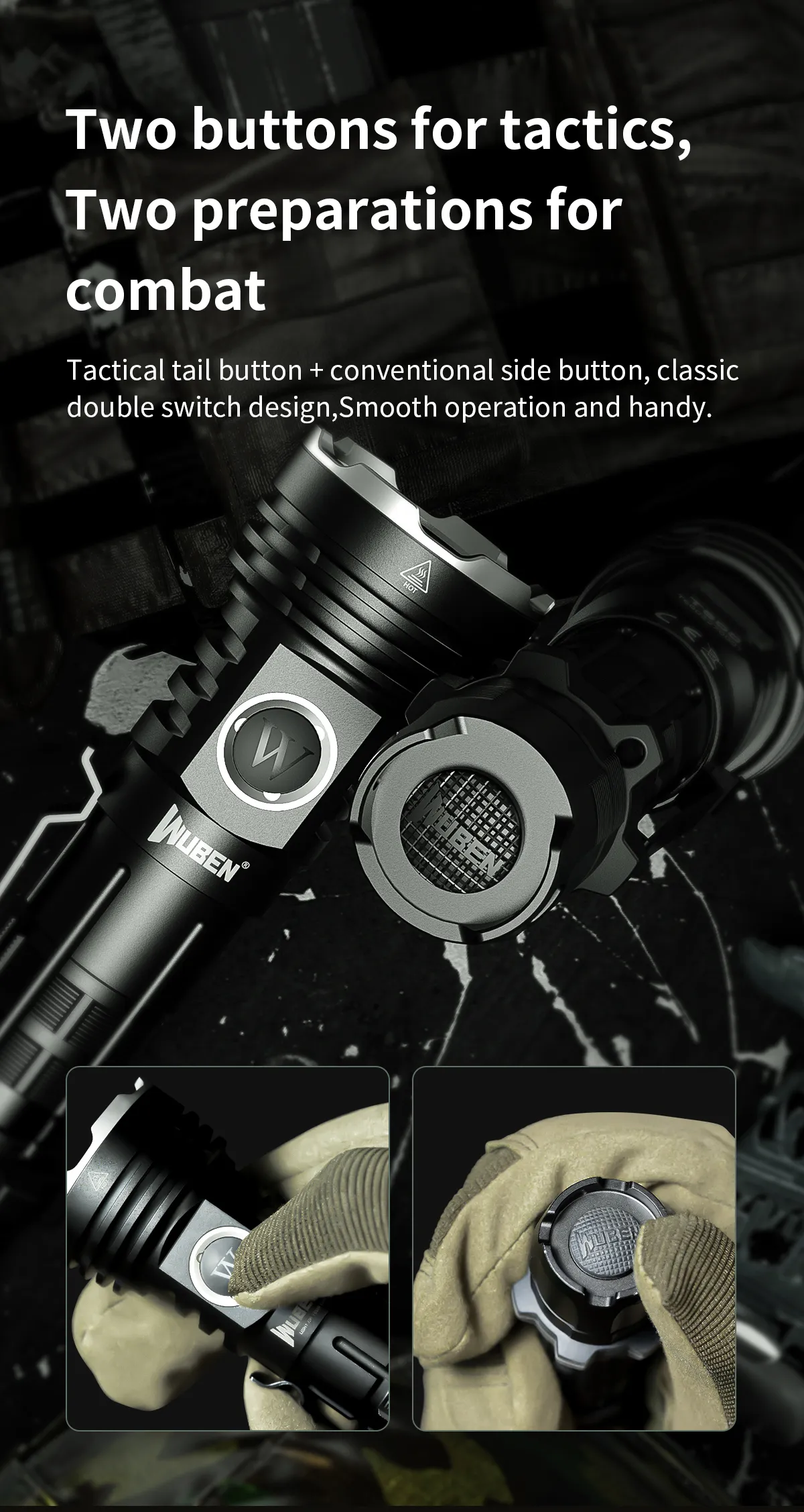 WUBEN T600 1400 Lumen 600m Long Range Tactical Flashight, USB Rechargeable Dual Button for Camping Searching Light