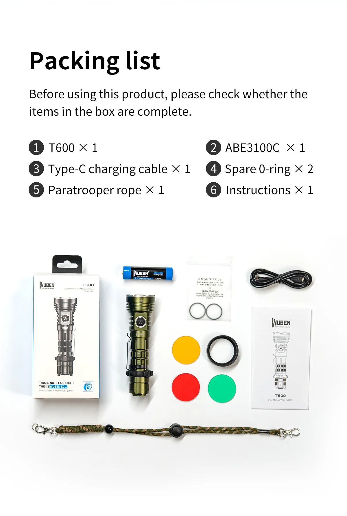 WUBEN T600 1400 Lumen 600m Long Range Tactical Flashight, USB Rechargeable Dual Button for Camping Searching Light