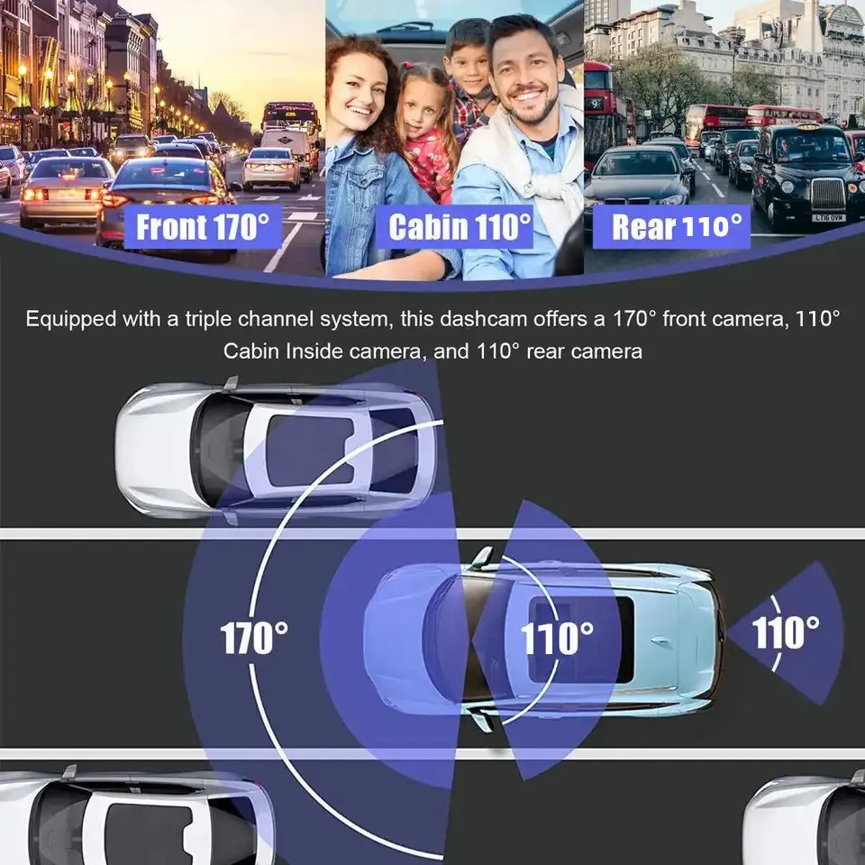 1080P 3 Channel Car Dash Cam 3-inch IPS Screen Three Lens Car 170° HD Record Front/Interior/Rear View Camera with Free 64G TF Card Night Vision Parking Monior