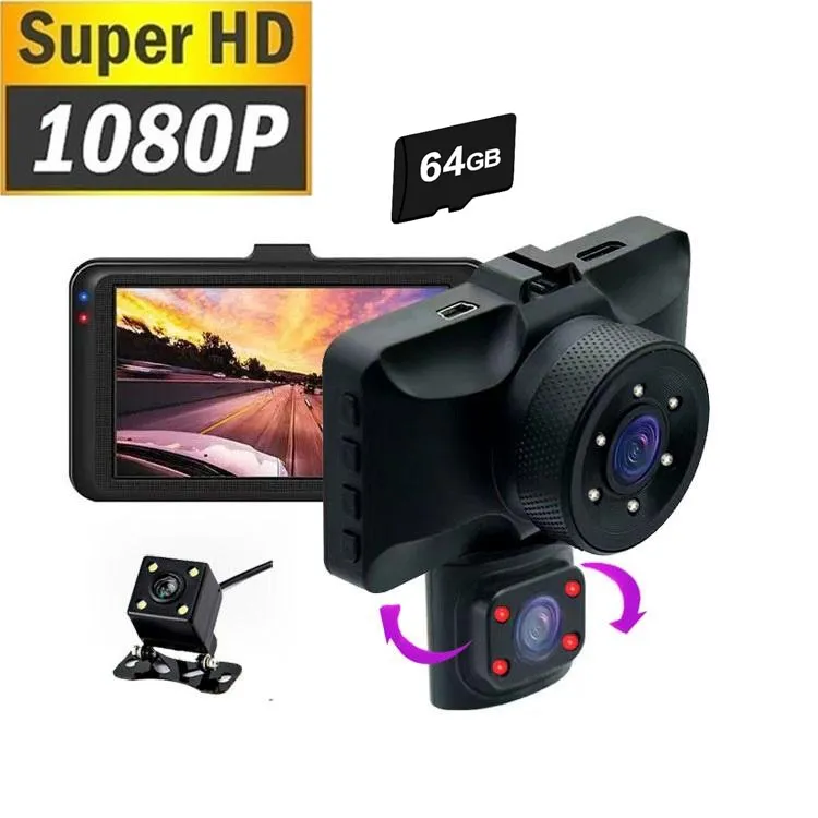 1080P 3 Channel Car Dash Cam 3-inch IPS Screen Three Lens Car 170° HD Record Front/Interior/Rear View Camera with Free 64G TF Card Night Vision Parking Monior