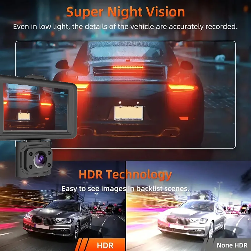 1080P 3 Channel Car Dash Cam 3-inch IPS Screen Three Lens Car 170° HD Record Front/Interior/Rear View Camera with Free 64G TF Card Night Vision Parking Monior