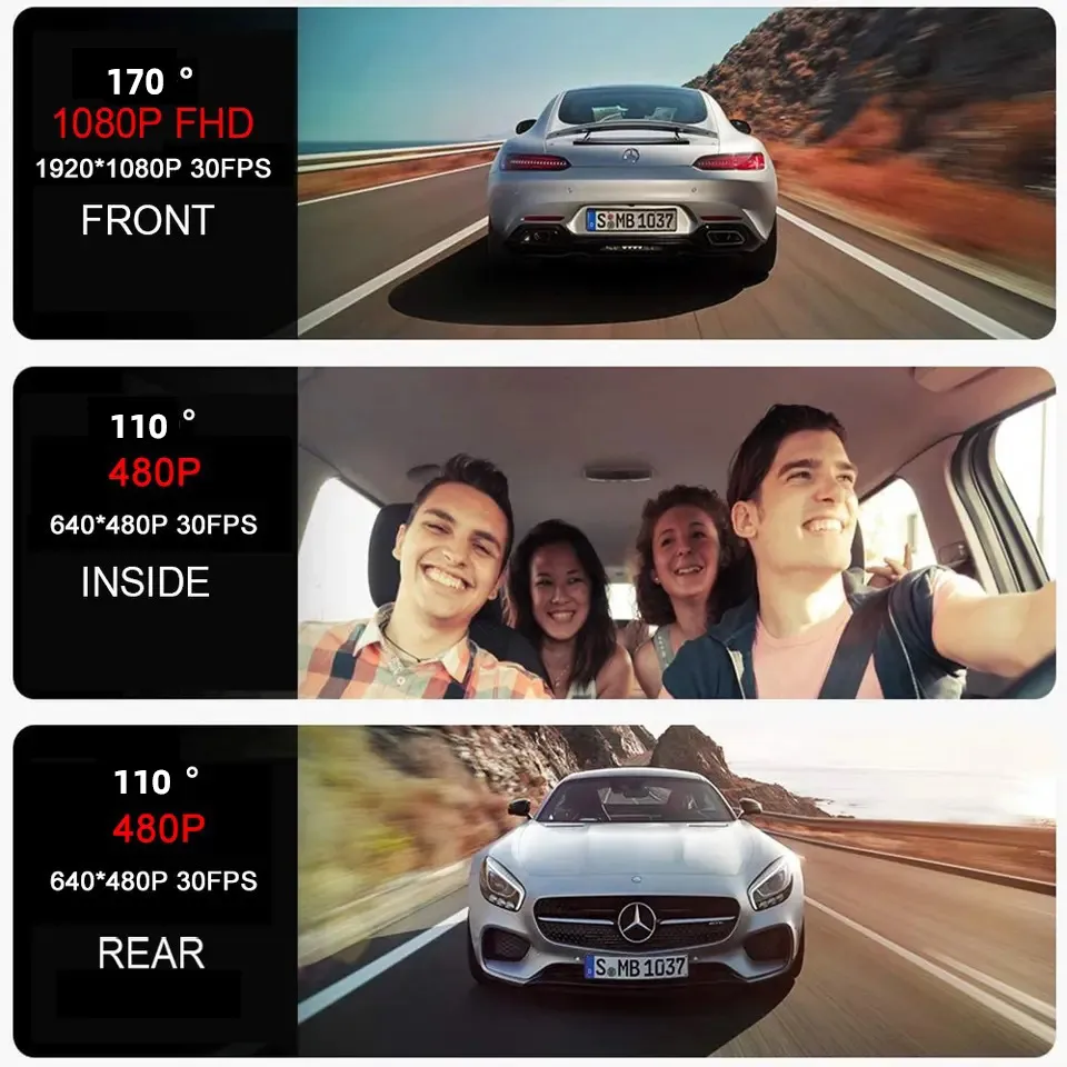 1080P 3 Channel Car Dash Cam 3-inch IPS Screen Three Lens Car 170° HD Record Front/Interior/Rear View Camera with Free 64G TF Card Night Vision Parking Monior