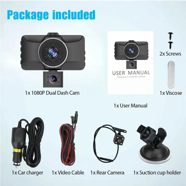 1080P 3 Channel Car Dash Cam 3-inch IPS Screen Three Lens Car 170° HD Record Front/Interior/Rear View Camera with Free 64G TF Card Night Vision Parking Monior