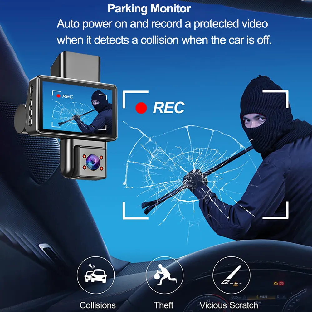 1080P 3 Channel Car Dash Cam 3-inch IPS Screen Three Lens Car 170° HD Record Front/Interior/Rear View Camera with Free 64G TF Card Night Vision Parking Monior