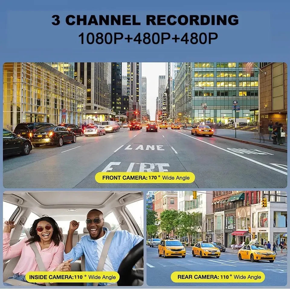 1080P 3 Channel Car Dash Cam 3-inch IPS Screen Three Lens Car 170° HD Record Front/Interior/Rear View Camera with Free 64G TF Card Night Vision Parking Monior