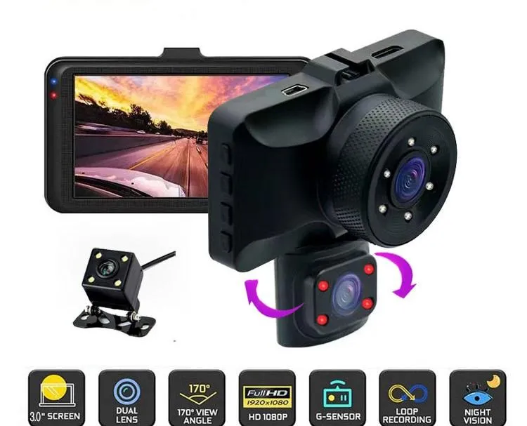 1080P 3 Channel Car Dash Cam 3-inch IPS Screen Three Lens Car 170° HD Record Front/Interior/Rear View Camera with Free 64G TF Card Night Vision Parking Monior