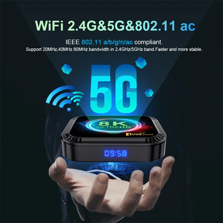 TV98 2+16G ATV 8K Smart TV Box Android 13 RK3528 Quad-core 2.4G e 5G Dual Band Wi-Fi + BT5.0 Lettore Multimediale Set Top Box