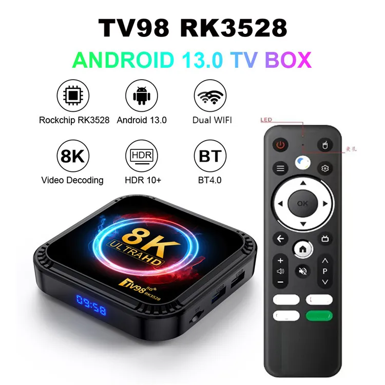 TV98 2+16G ATV 8K Smart TV Box Android 13 RK3528 Quad-core 2.4G e 5G Dual Band Wi-Fi + BT5.0 Lettore Multimediale Set Top Box