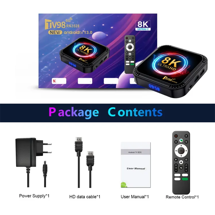 TV98 2+16G ATV 8K Smart TV Box Android 13 RK3528 Quad-core 2.4G e 5G Dual Band Wi-Fi + BT5.0 Lettore Multimediale Set Top Box