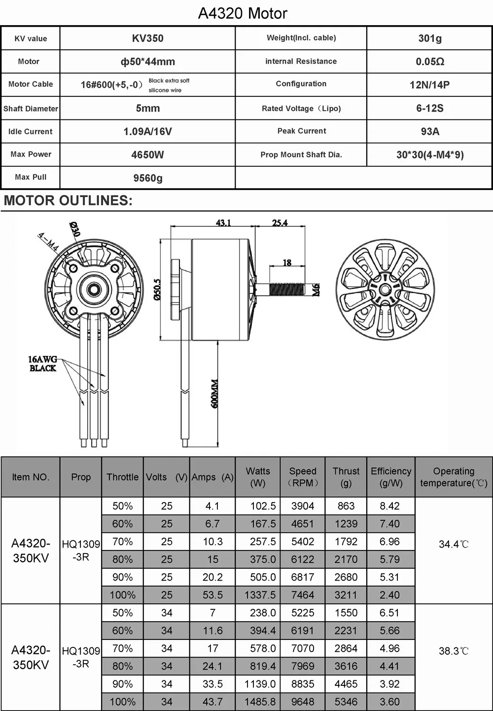 Flashhobby A4320 4320 350KV 700KV 6-12S High Speed Brushless Motor for X-Class RC Drone FPV Racing