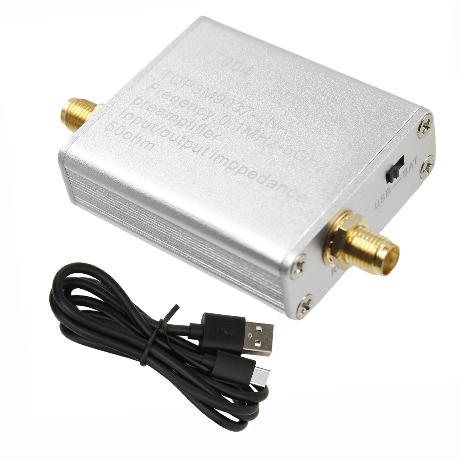 HT004 Full Band Amplifier Preamplifier 100k-6GHz 20dB Gain 5V Ultra-Low Noise 50 Ohm SMA Connector USB Type-C HT004 Full Band Amplifier Preamplifier 100k-6GHz 20dB Gain 5V Ultra-Low Noise 50 Ohm SMA Connector USB Type-C