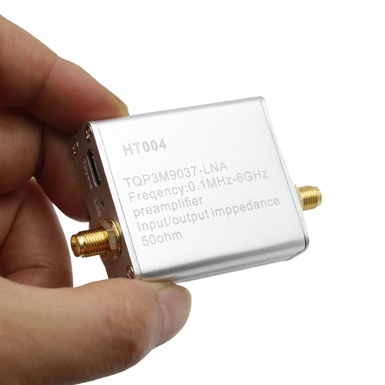 HT004 Full Band Amplifier Preamplifier 100k-6GHz 20dB Gain 5V Ultra-Low Noise 50 Ohm SMA Connector USB Type-C HT004 Full Band Amplifier Preamplifier 100k-6GHz 20dB Gain 5V Ultra-Low Noise 50 Ohm SMA Connector USB Type-C