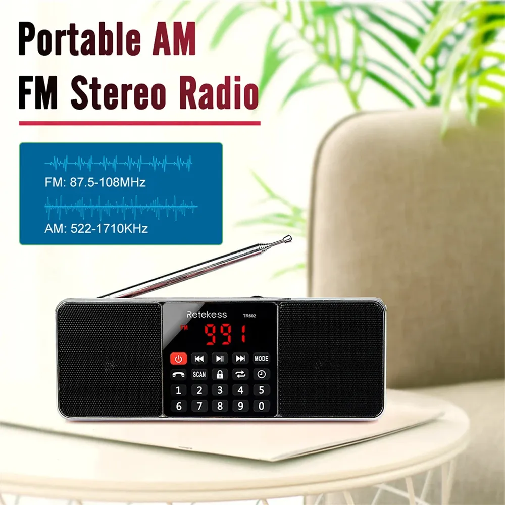 TR602 Portable Radio AM FM Receiver Bluetooth Speaker MP3 Player Rechargeable Battery AUX Input Telescopic Antenna TR602 Portable Radio AM FM Receiver Bluetooth Speaker MP3 Player Rechargeable Battery AUX Input Telescopic Antenna