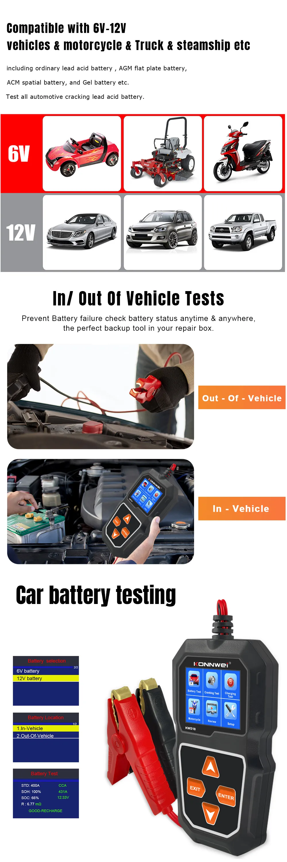 KONNWEI KW218 6V-12V Car Battery Analyzer Diagnostic Tool Professional Car Battery Tester KONNWEI KW218 6V-12V Car Battery Analyzer Diagnostic Tool Professional Car Battery Tester