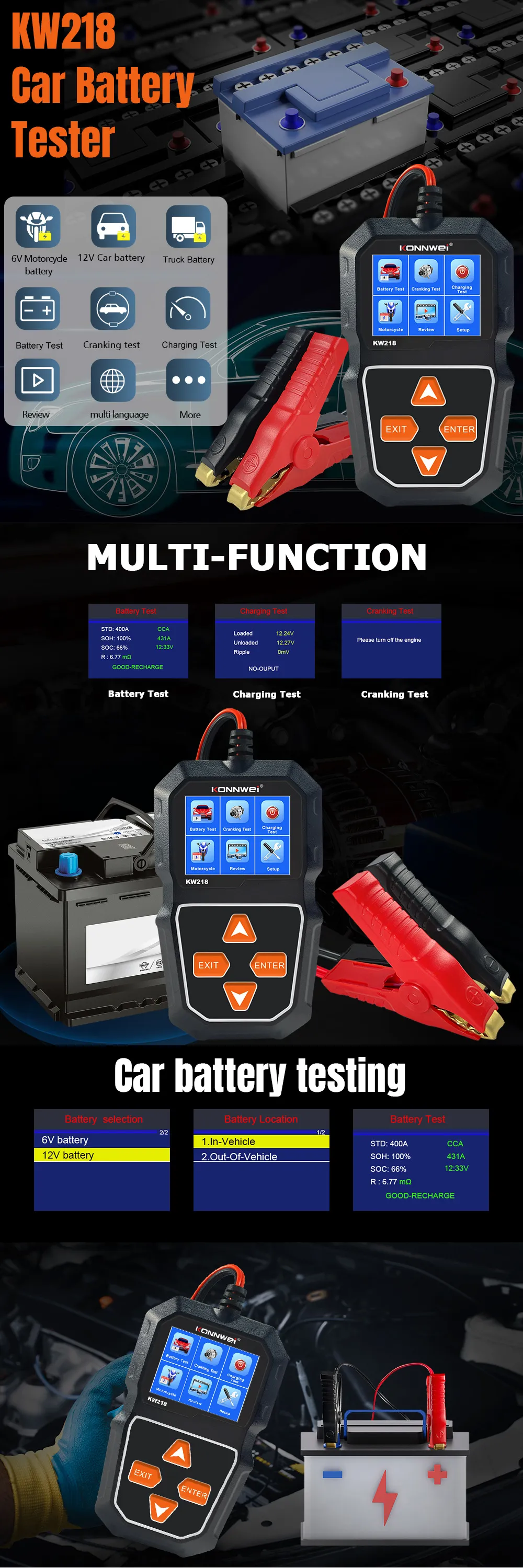 KONNWEI KW218 6V-12V Car Battery Analyzer Diagnostic Tool Professional Car Battery Tester KONNWEI KW218 6V-12V Car Battery Analyzer Diagnostic Tool Professional Car Battery Tester