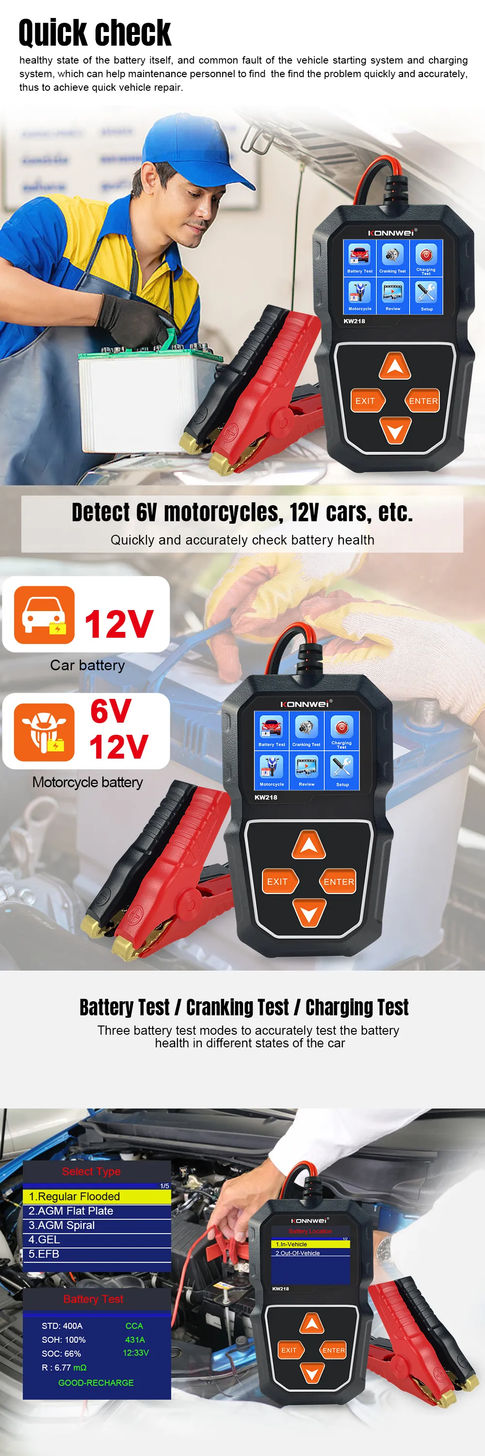 KONNWEI KW218 6V-12V Car Battery Analyzer Diagnostic Tool Professional Car Battery Tester KONNWEI KW218 6V-12V Car Battery Analyzer Diagnostic Tool Professional Car Battery Tester