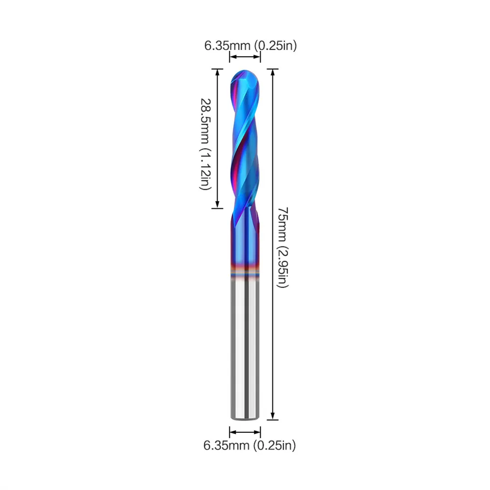 1/4 Inch/6.35mm 8mm Shank Spiral Up Cut Ball Nose End Mill Router Bit with Nano Blue Coating Milling Cutter Tungsten Carbide Flutes