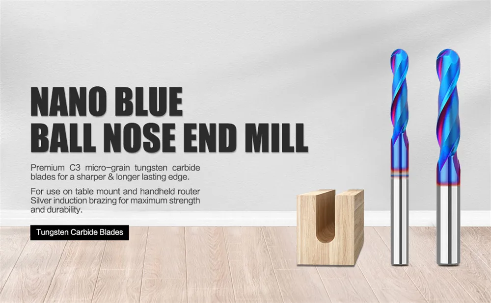 1/4 Inch/6.35mm 8mm Shank Spiral Up Cut Ball Nose End Mill Router Bit with Nano Blue Coating Milling Cutter Tungsten Carbide Flutes