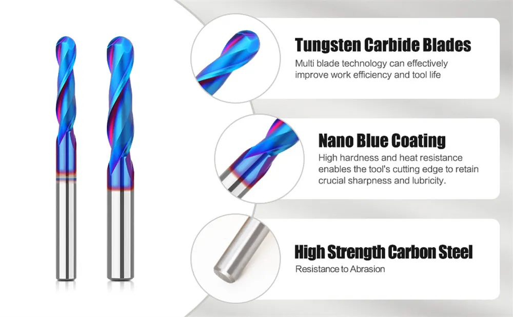 1/4 Inch/6.35mm 8mm Shank Spiral Up Cut Ball Nose End Mill Router Bit with Nano Blue Coating Milling Cutter Tungsten Carbide Flutes