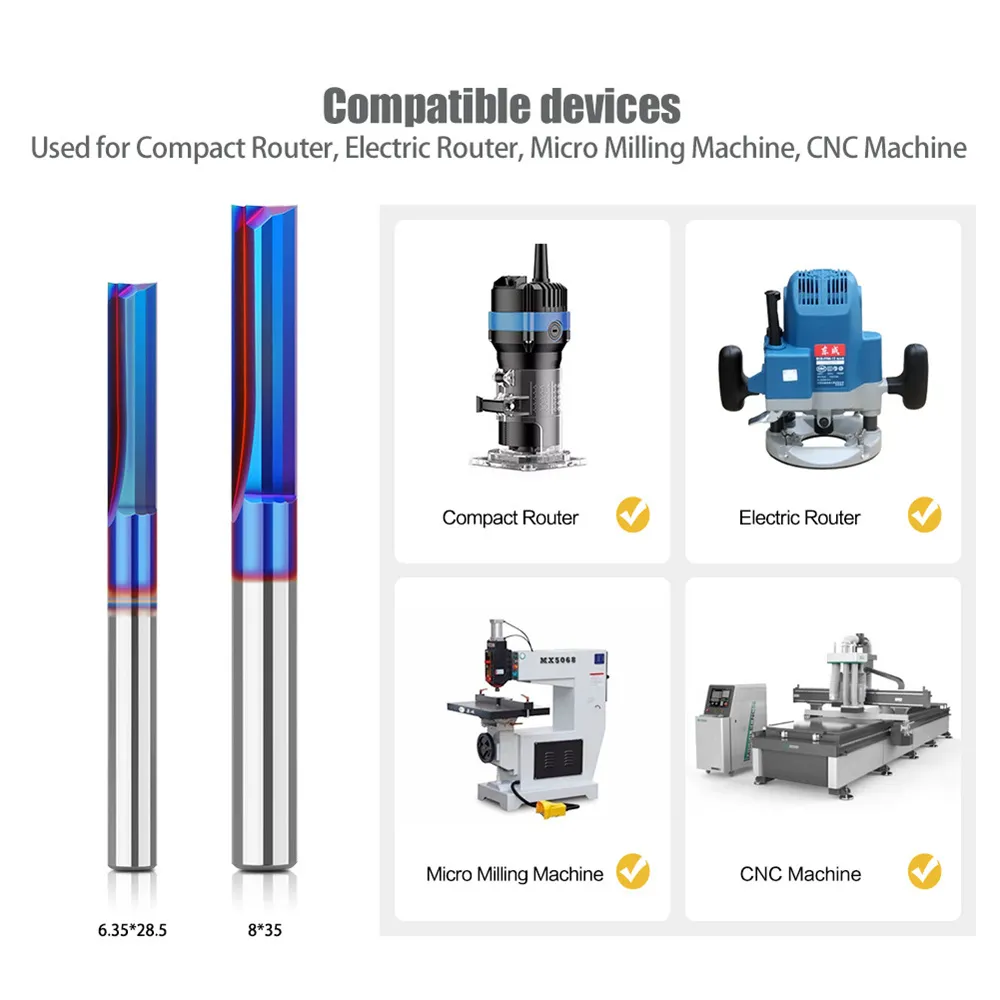 1/4inch/ 6.35mm 8mm Shank 2-Flute Tungsten Carbide Straight Router Bit with Nano Blue Coating for CNC Router MDF Woodworking 1/4inch/ 6.35mm 8mm Shank 2-Flute Tungsten Carbide Straight Router Bit with Nano Blue Coating for CNC Router MDF Woodworking