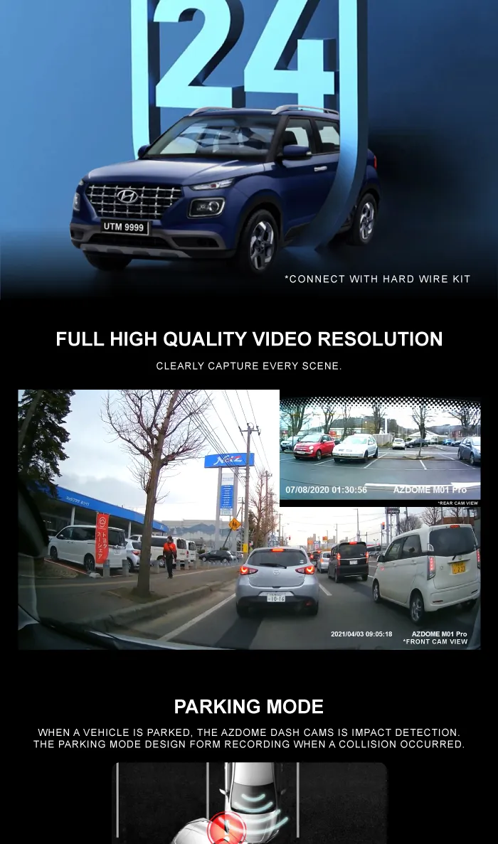 Azdome M01 PRO Dual Lens Dash Cam 1080P HD Wide-Angle Front and Rear Camera with Gravity Sensor Parking Monitoring ADAS