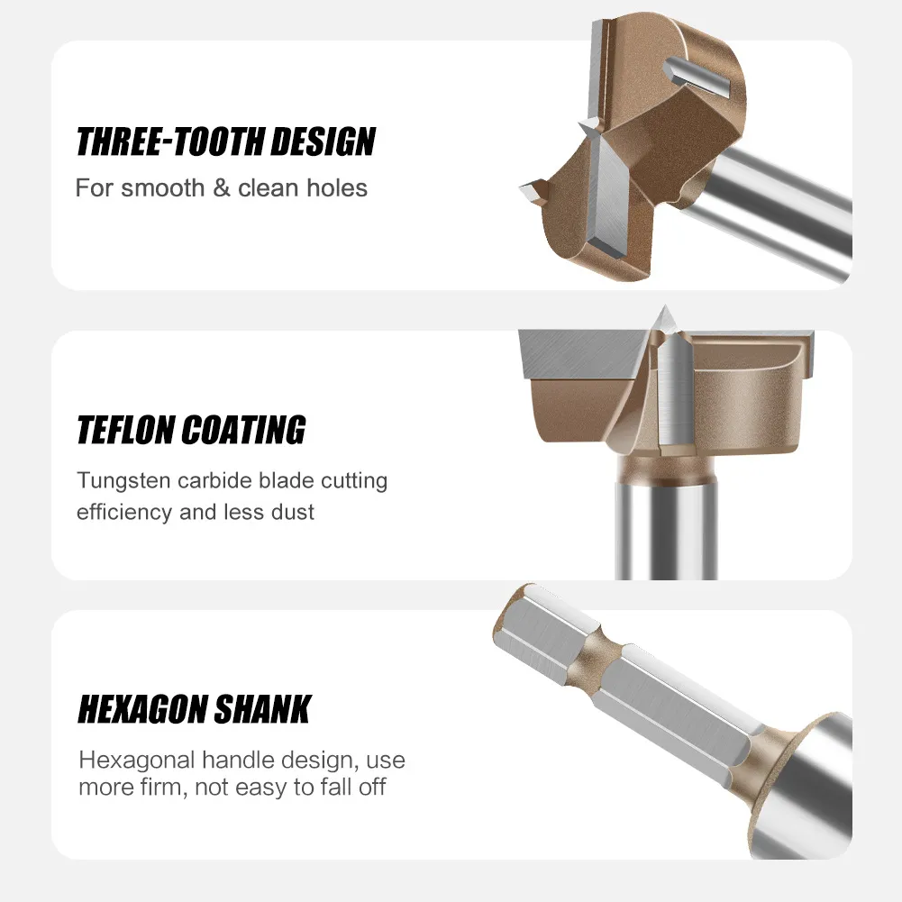 10mm to 50mm Professional Hexagonal Shank Woodworking Hinge Boring Bit Tungsten Carbide Blade Three-Tooth Double Blade Design Multiple Sizes 10mm to 50mm Professional Hexagonal Shank Woodworking Hinge Boring Bit Tungsten Carbide Blade Three-Tooth Double Blade Design Multiple Sizes