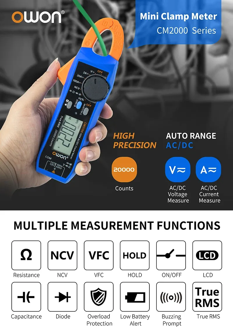 OWON CM2100 CM2100B Digital Clamp Meter 20000 Counts True RMS Bluetooth NCV Auto Ranging AC/DC Current Voltage Tester OWON CM2100 CM2100B Digital Clamp Meter 20000 Counts True RMS Bluetooth NCV Auto Ranging AC/DC Current Voltage Tester