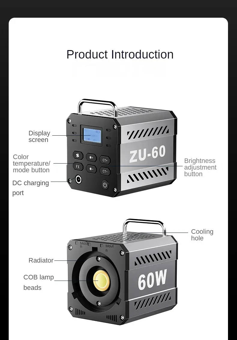 ZU60 60W COB Video Dimmable Light 2700-7500K Handheld Photographic LED Light for Photo Studio Film Camera Shooting Live Streaming ZU60 60W COB Video Dimmable Light 2700-7500K Handheld Photographic LED Light for Photo Studio Film Camera Shooting Live Streaming