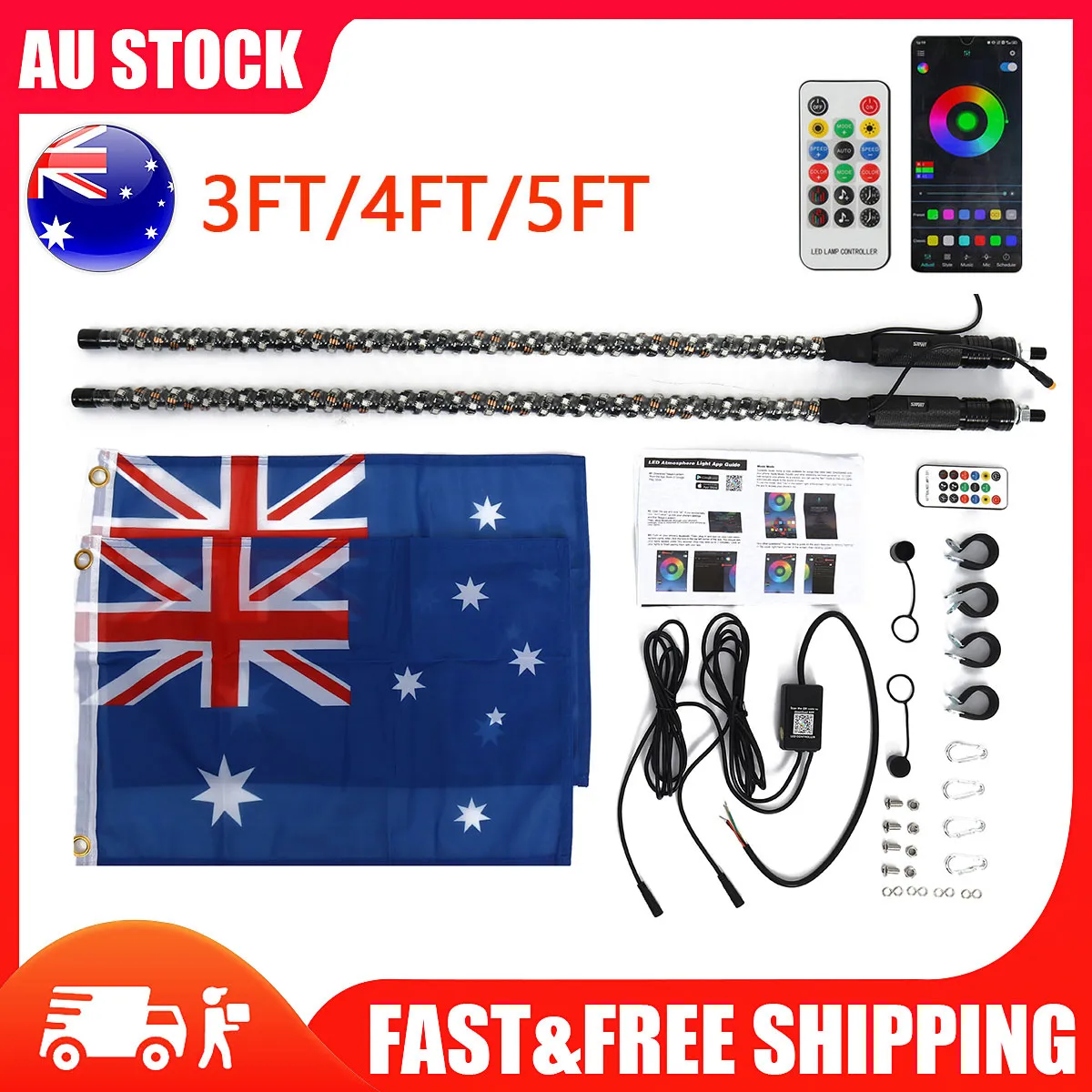 3ft / 4ft / 5ft LED Whip Lights Antenna Flag Pole Quick Release Base For ATV RGB AU UTV