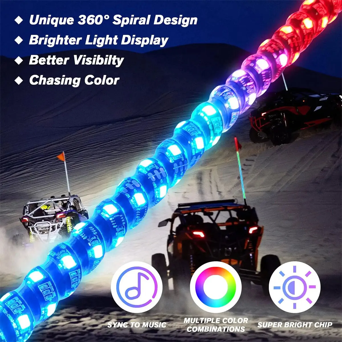 3ft / 4ft / 5ft LED Whip Lights Antenna Flag Pole Quick Release Base For ATV RGB AU UTV