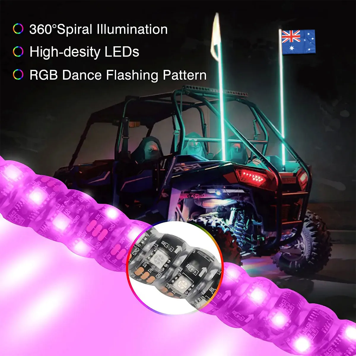 3ft / 4ft / 5ft LED Whip Lights Antenna Flag Pole Quick Release Base For ATV RGB AU UTV