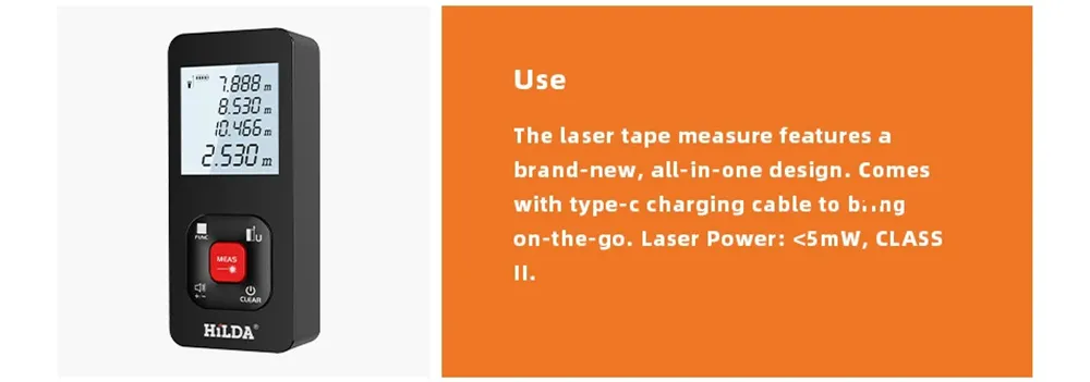 HILDA Laser Distance Meter 50m/100m/120m High Precision ±2mm Rangefinder LCD Backlight Display Type-C Battery