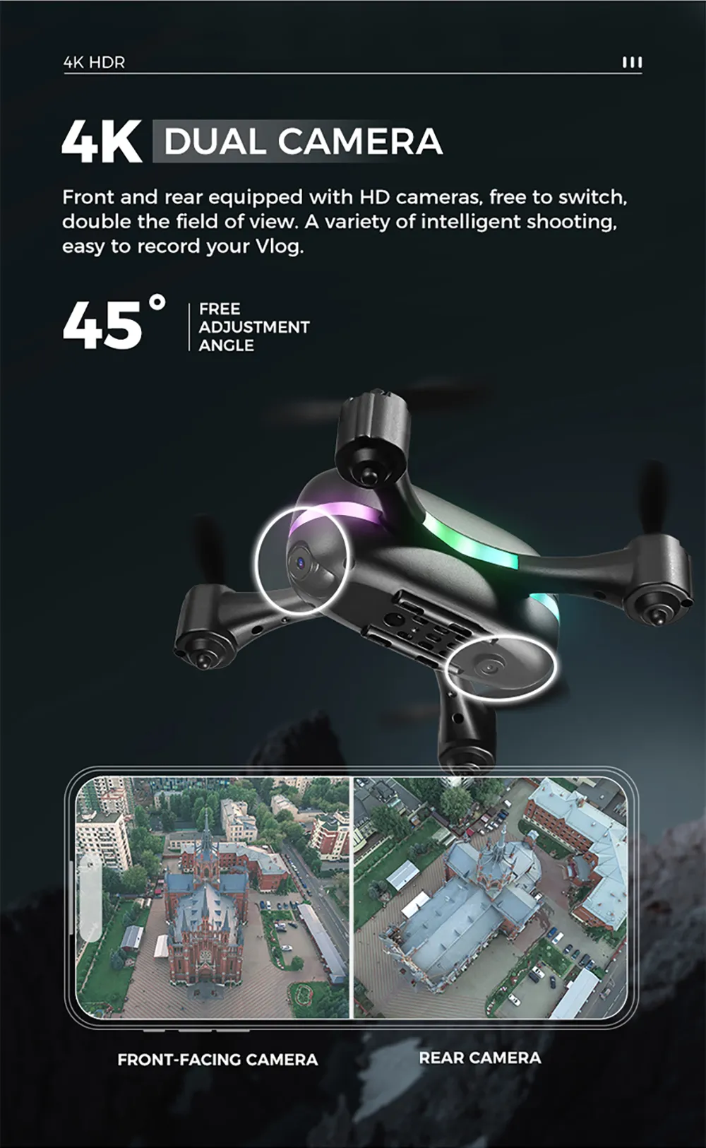 FUQI MODEL H28 WiFi FPV with HD Dual Camera Switchable Integrated Storage Optical Flow Hover Highlight LED Racing Light RC Toys Drone Quadcopter RTF
