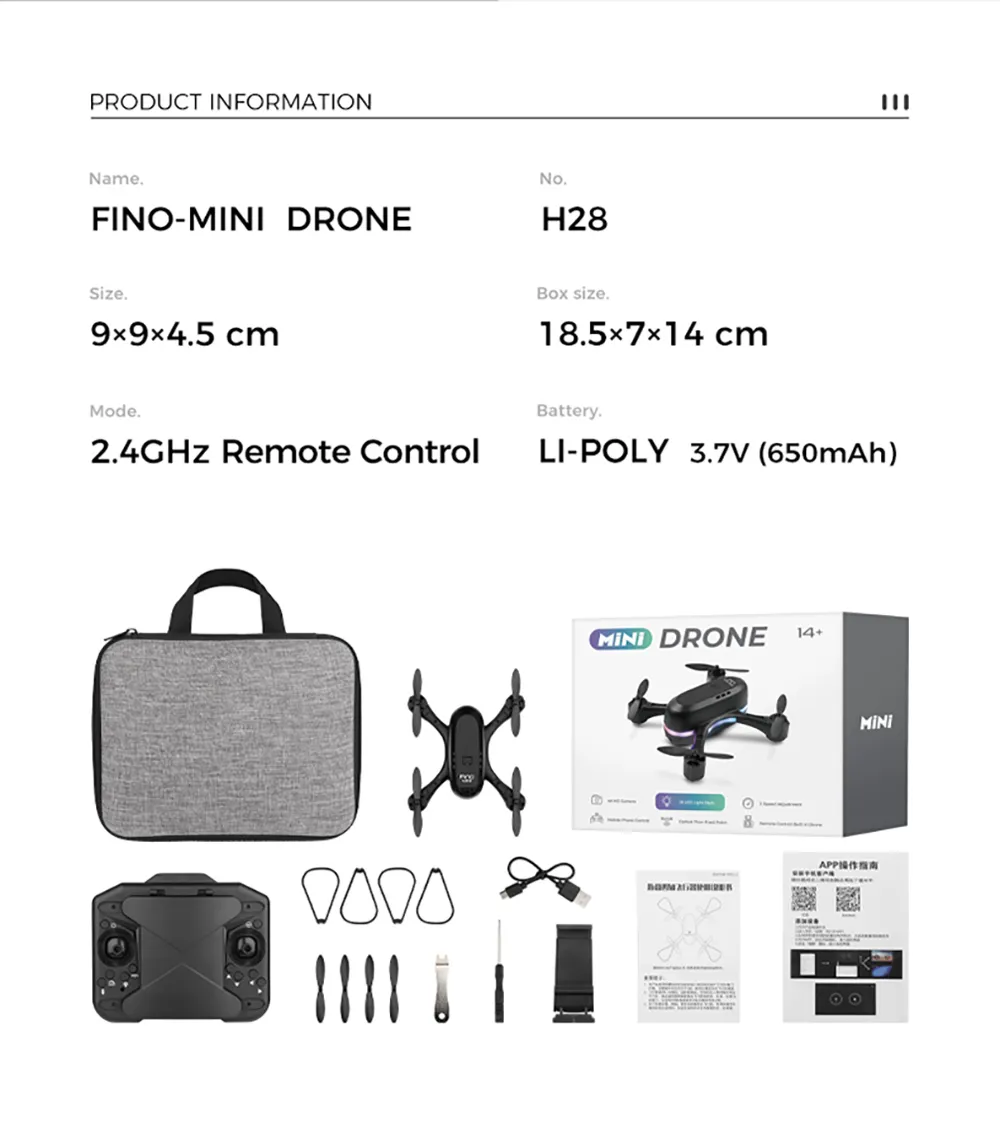 FUQI MODEL H28 WiFi FPV with HD Dual Camera Switchable Integrated Storage Optical Flow Hover Highlight LED Racing Light RC Toys Drone Quadcopter RTF
