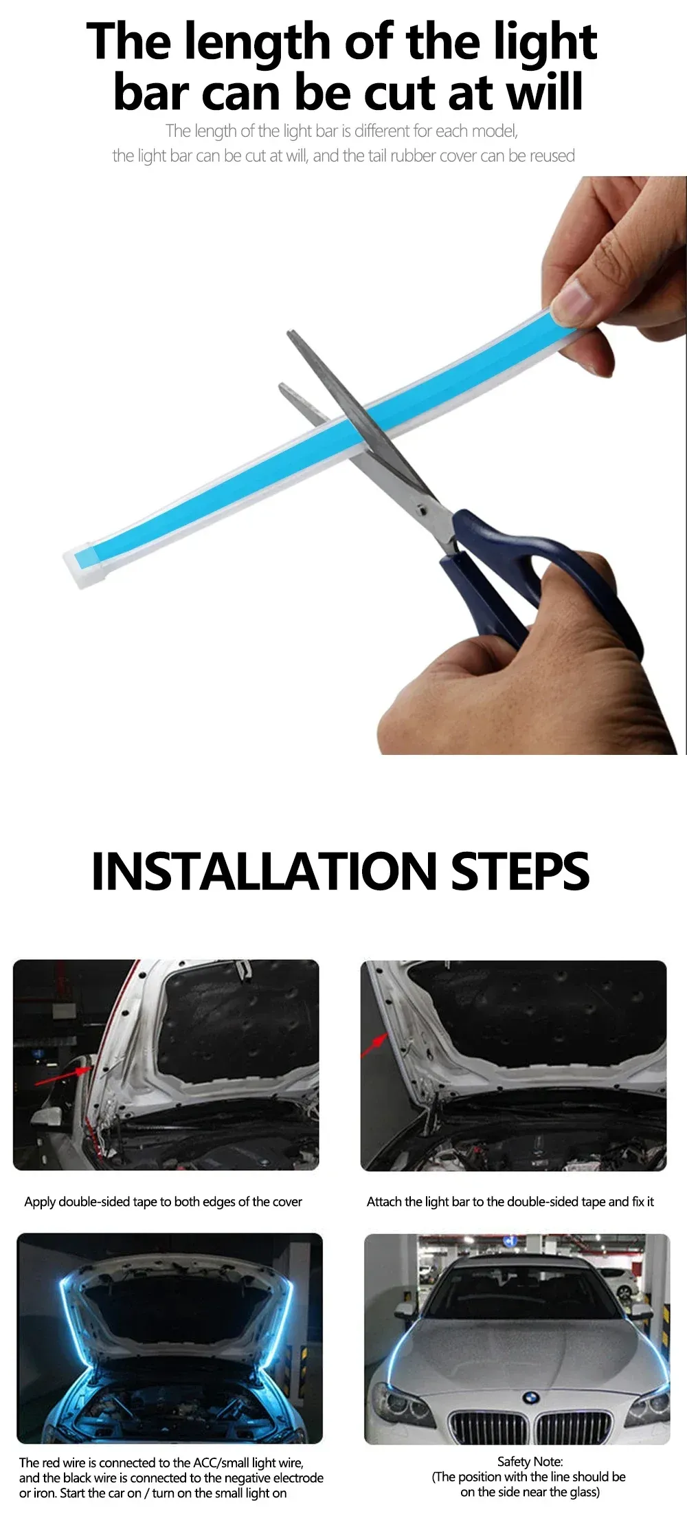 1.8m Daytime Running Lights LED Decorative Strip Car Hood Decorative Light Strip for Grill Hood Guiding Light Atmosphere Flowing Light