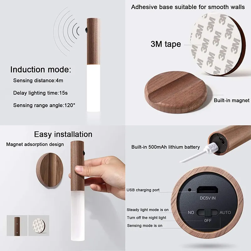 Magnetic USB LED Human body sensing Night Light Kitchen Cabinet Light Home Stair Bedroom Table Motion Lamp Bedside Lighting