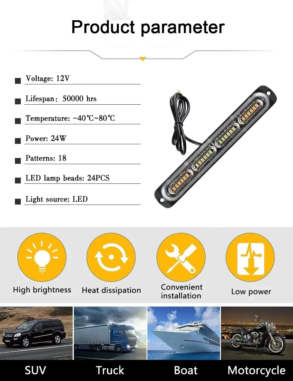 12V-24V 24 LED Car Truck LED Light Side Light Warning Emergency Light Universal For Cars Van Truck Motorcycle
