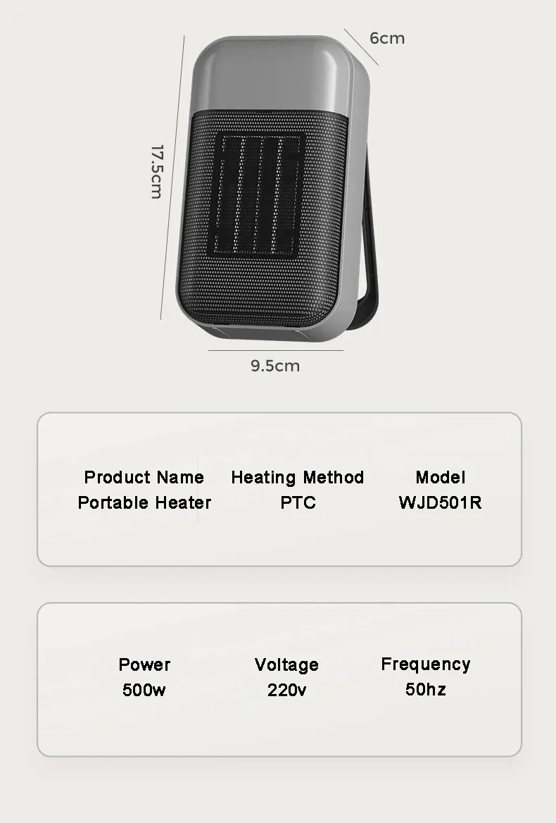Portable Heater 500W PTC Heating Technology Intelligent Switch Compact Size Desktop Heater for Home Office Bedroom Energy Efficient