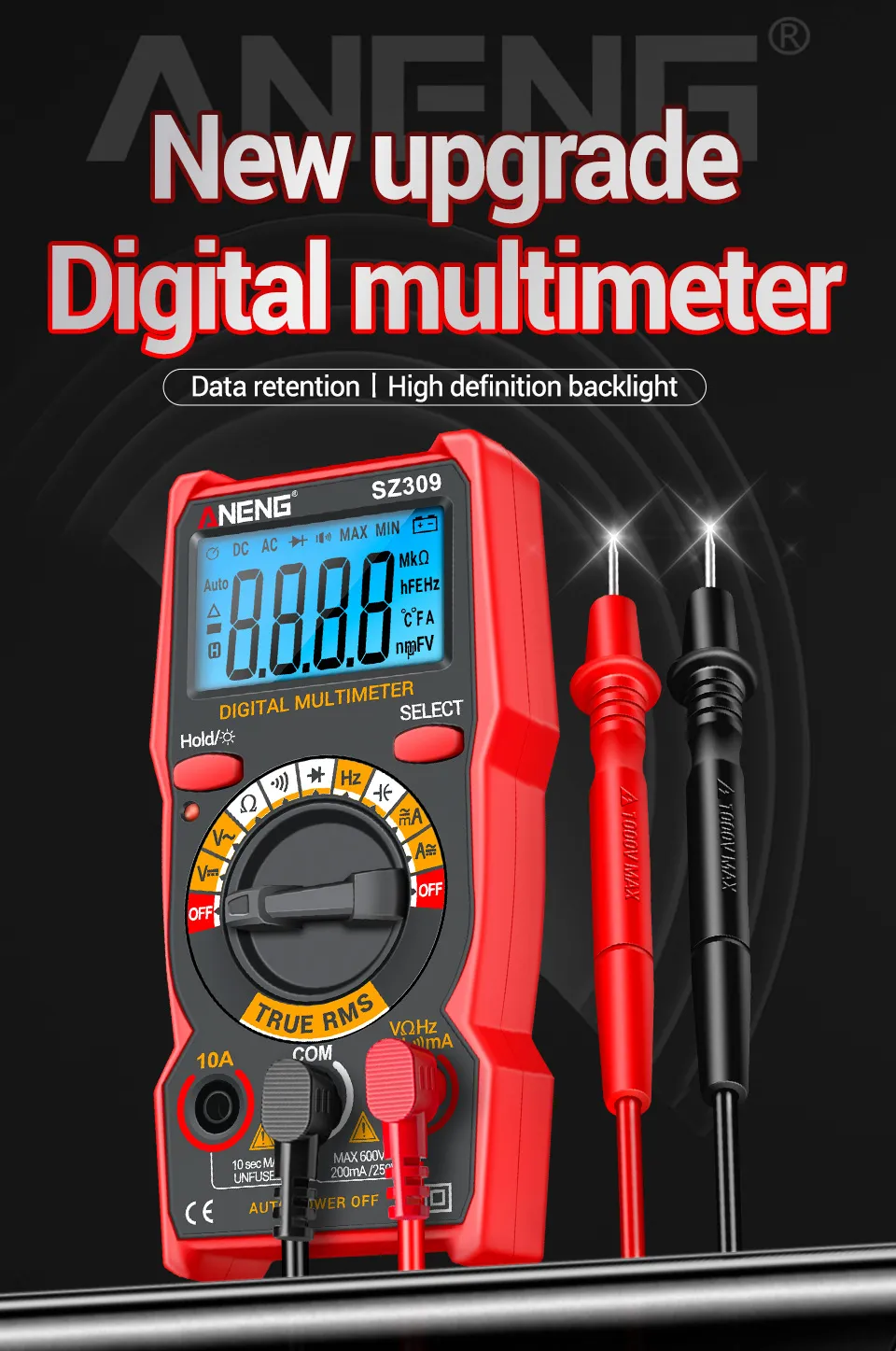 ANENG SZ309 SZ309pro Digital Multimeter AC DC Voltage Current Tester 600V 10A Resistance Capacitance Frequency Measurement Backlit Display Portable ANENG SZ309 SZ309pro Digital Multimeter AC DC Voltage Current Tester 600V 10A Resistance Capacitance Frequency Measurement Backlit Display Portable