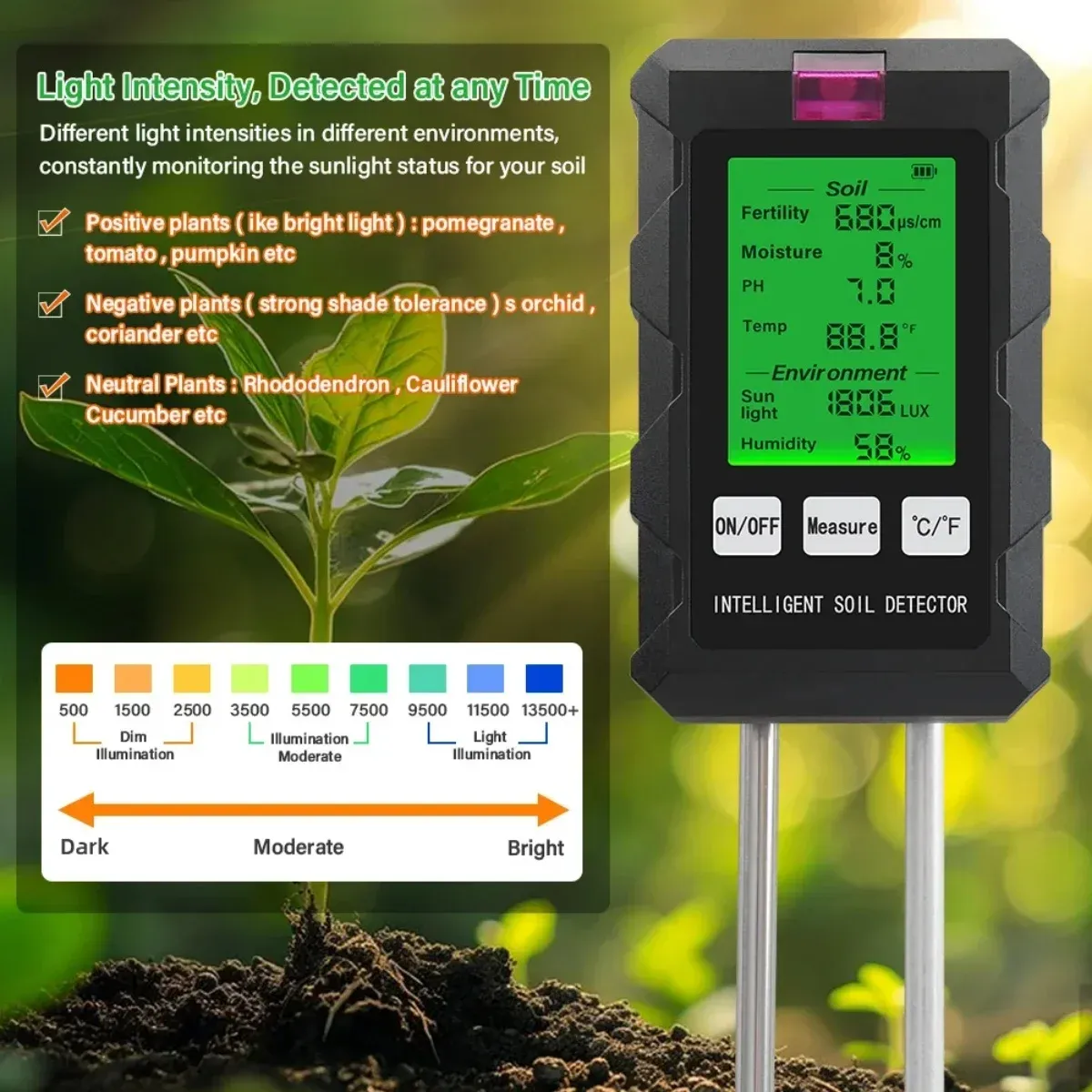 6-in-1 Soil Tester PH Temperature Humidity Sunlight Fertility Nutrient Meter with Digital Display for Gardening and Agriculture 6-in-1 Soil Tester PH Temperature Humidity Sunlight Fertility Nutrient Meter with Digital Display for Gardening and Agriculture